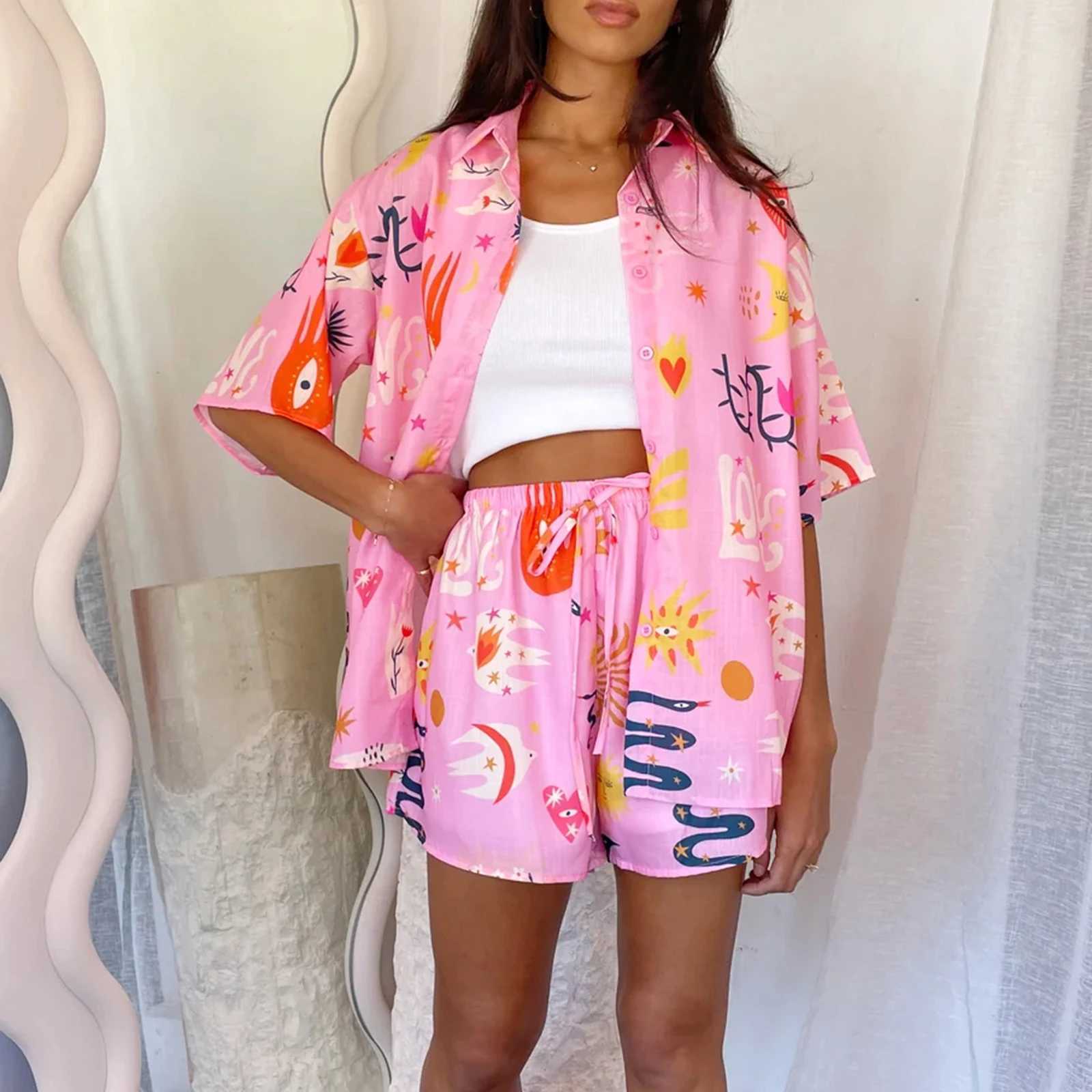 Women's Two Piece Pants Hirigin Women Summer Pajama Set Cute Short Slves Button Shirt and Elastic Shorts for 2 Piece Loungewear Soft Slpwear Y241