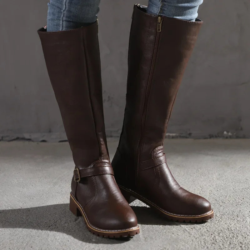 Womens knee high boots fashionable low boots square platform long boots brown black leather zipper winter womens warm shoes and boots 69 meters 241213