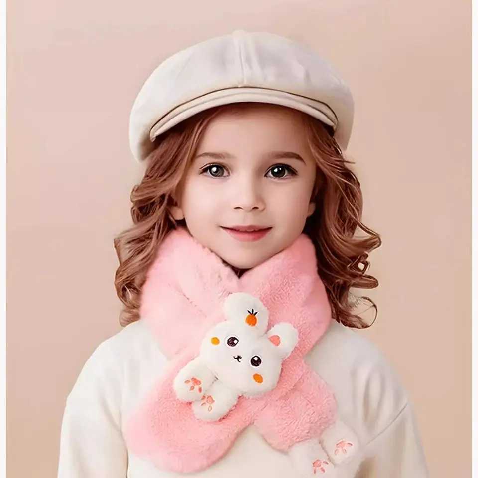 Scarves Wraps AIBEDILA Baby Winter Scarfs Thick Plush Cross Childrens Scarf Cute Cartoon Rabbit Faux Fur Neck Protection Warm Shawl H241213