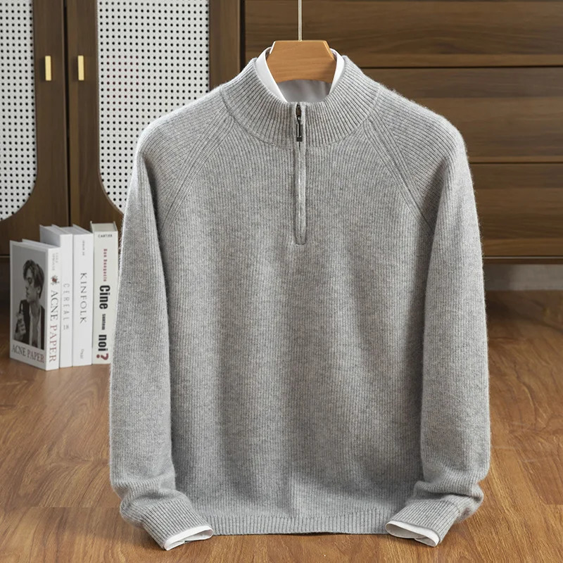 Autumn And Winter 100% Cashmere Mens Semi High Neck Zipper Versatile Temperament Sweater 241213