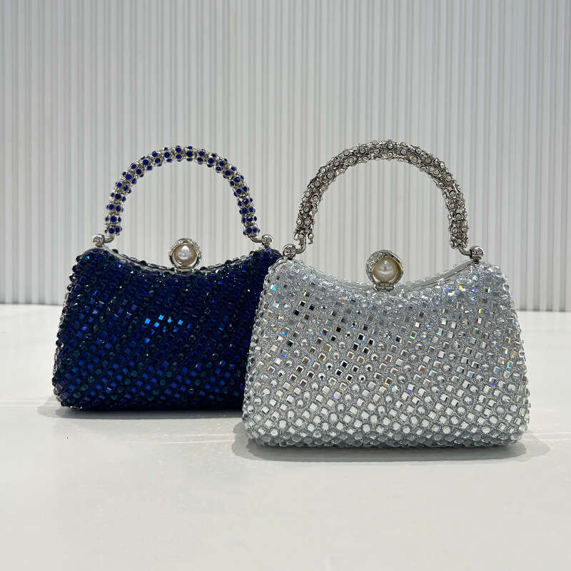 Hot pressed evening bag, luxurious diamond chain handbag, sparkling pearl crossbody small square bag