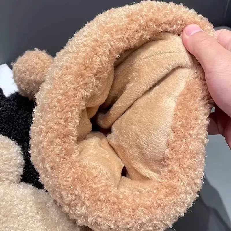 Cute Winter Plush Beanie Cap for Women Bear Ear Knitted Wool Hat Female Girls Solid Color Thicken Lamb Fleece HatsXJ241213