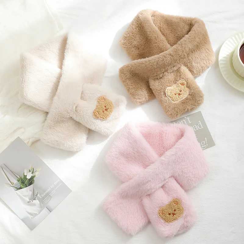 Scarves Wraps Cute Bear Embroidered Baby Scarf Winter Warm Plush Toddler Neckerchief Korean Cartoon Imitation Rabbit Fur Kids Scarves H241213