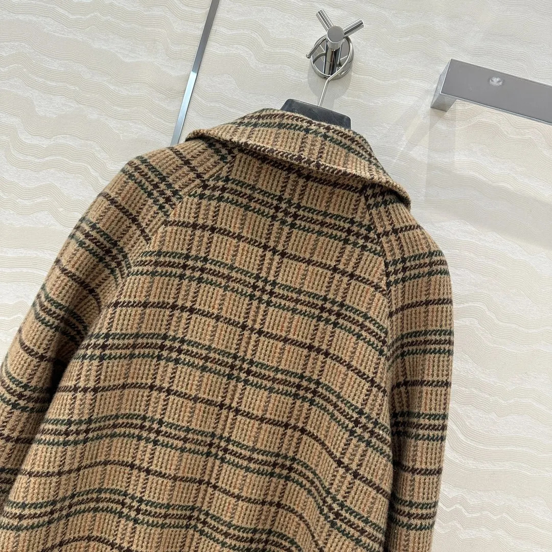 womens autumn and winter wool plaid doll collar long coat 241213