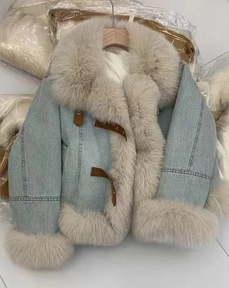 Large Fur Collar Spliced Denim Jacket for Women Korean High-end Winter Clothing Thickened Warm Loose Casual Coat Women Clothing 241212