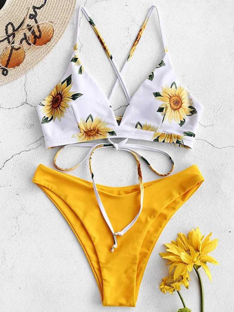 Sunflower Printed Bikini Set Sexy Swimwear Women 2023 Mujer Push Up Padded Biquini Bathers Bandage Bathing Suit Swimsuit BikiniXJ241212