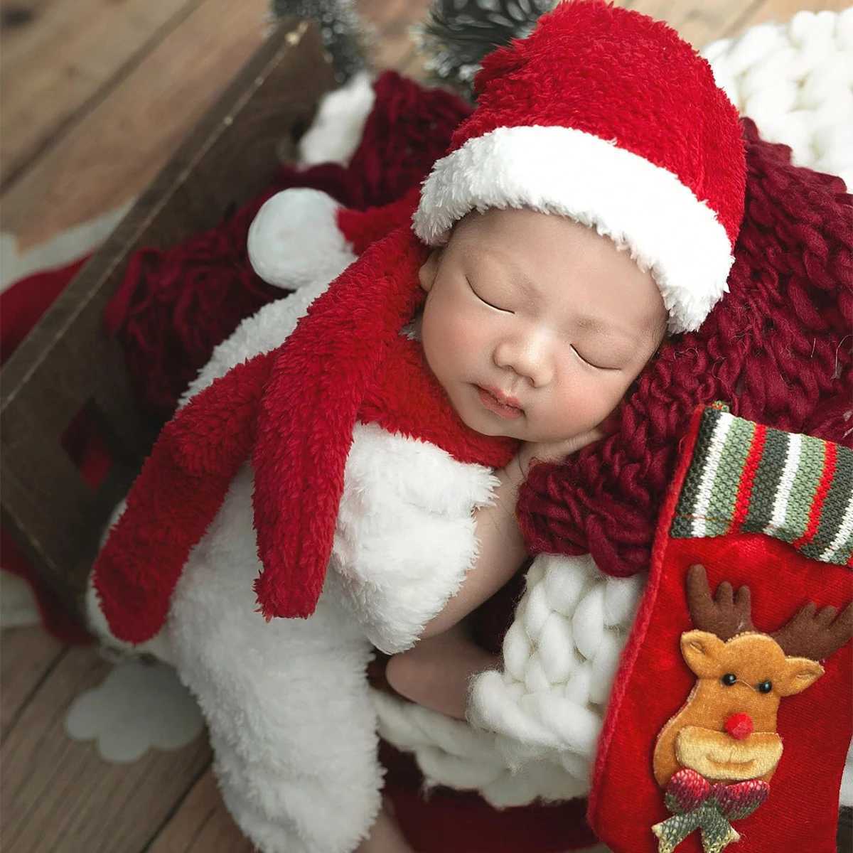 Scarves Wraps Ylsteed 3 Pieces Set Newborn Christmas Outfit for Photo Shooting Baby White Jumpsuit Suit with Hat Scarf Infant Photo Props H241213