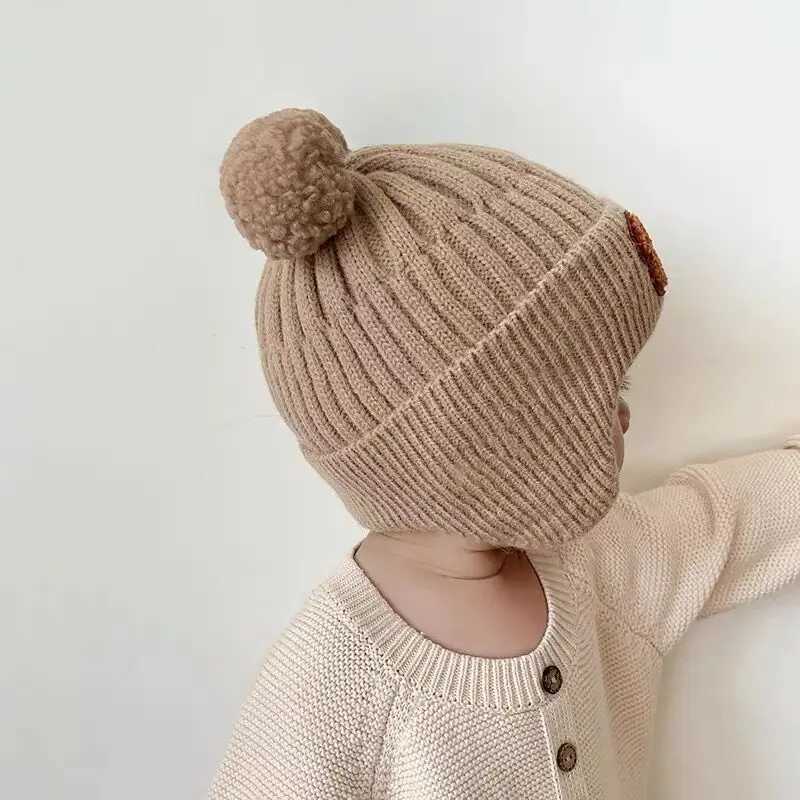 Cute Bear Beanie Caps Baby Girls Winter Warm Knitted Ear Protection Earmuffs Bonnet Hat Kids Pompom Bonnet HatsXJ241213