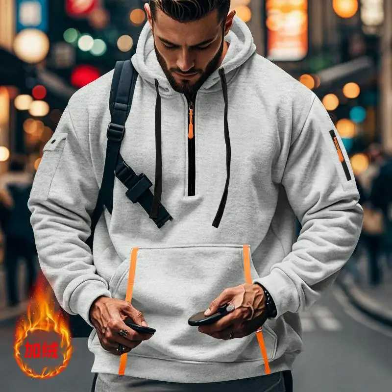 Autumn and winter hot new fashion plus velvet hoodie arm zipper pocket casual sports high quality mens pullover top W241213