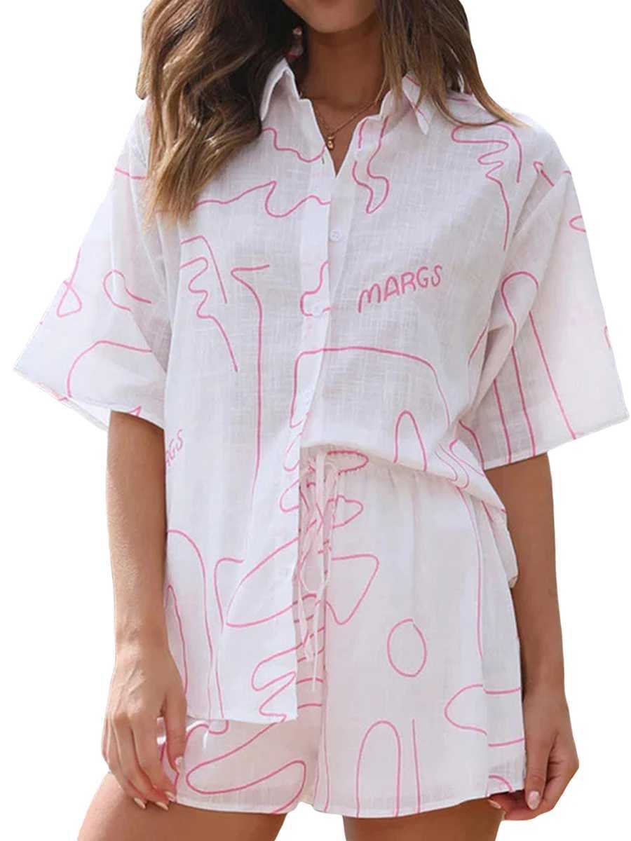 Women's Two Piece Pants Womens Cute Retro Pajamas Shorts Set Two-piece Pj Sets Short Slve Slpwear Loungewear Button-Down 2 Piece Pjs Set Y241213S