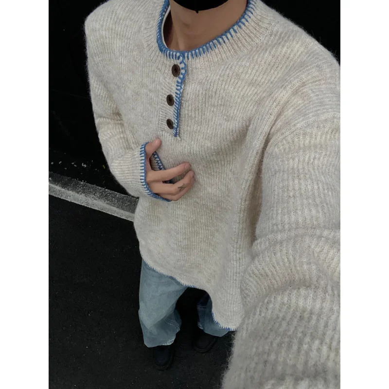 Korean Knit Sweater Retro Streetwear Loose Crew Neck Long Sleeve Knitted Pullover Winter Warm Henry Collar Top 241213