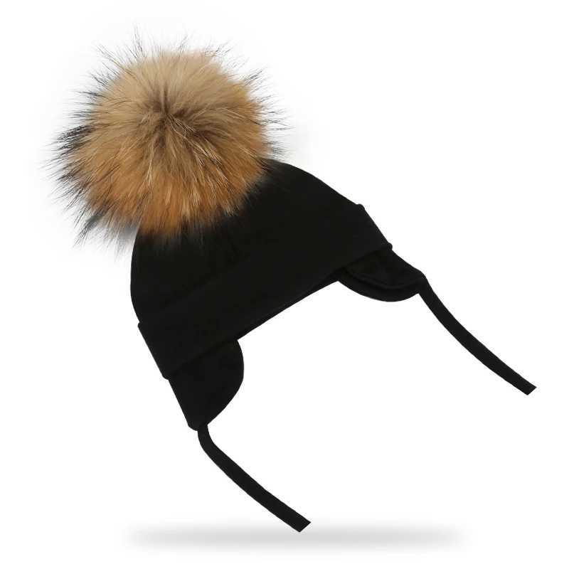 Autumn Winter Natural Raccoon Pompom Cotton Cap For Newborn Earflap Baby Hat With Real Pompon Kids BonnetXJ241213