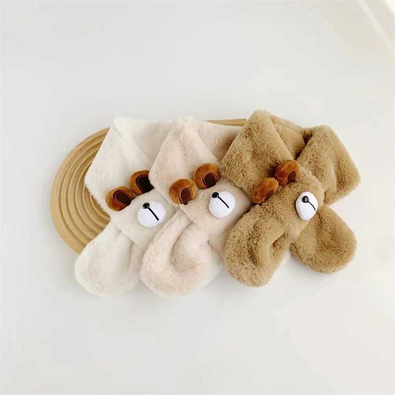 Scarves Wraps Cartoon Plush Baby Scarf Winter Faux Fur Scarves for Toddler Boys Girls Cute Bear Warm Kids Cross Neckerchief H241213