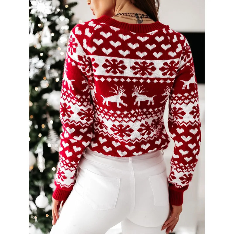Autumn Winter Knitted Sweater Womens Round Neck Pullover Christmas Elk Snowflake Long Sleeve 241203