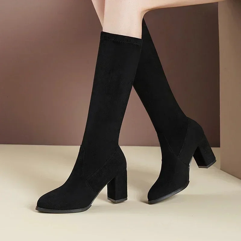 Fashion Winter Womens Knee Boots Artificial Fur Elastic Point Suede High Heels Casual Warmth 241213