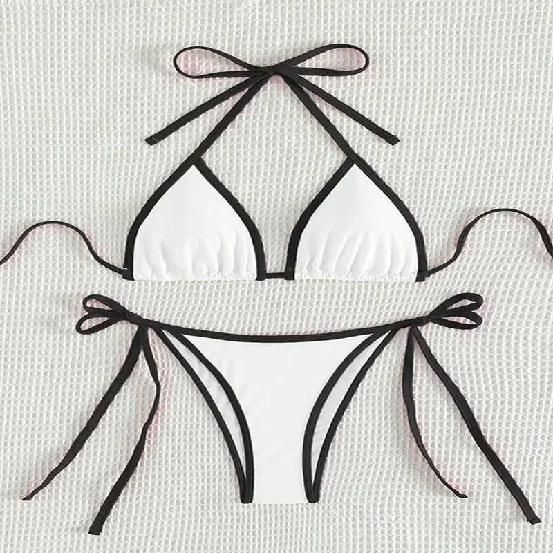 Sexy Contrasting Colors Micro String Bikinis Sets Swimsuit 2024 Women Halter Mini Thong Swimwear Biquinis Beachwear Bikini MujerXJ241212