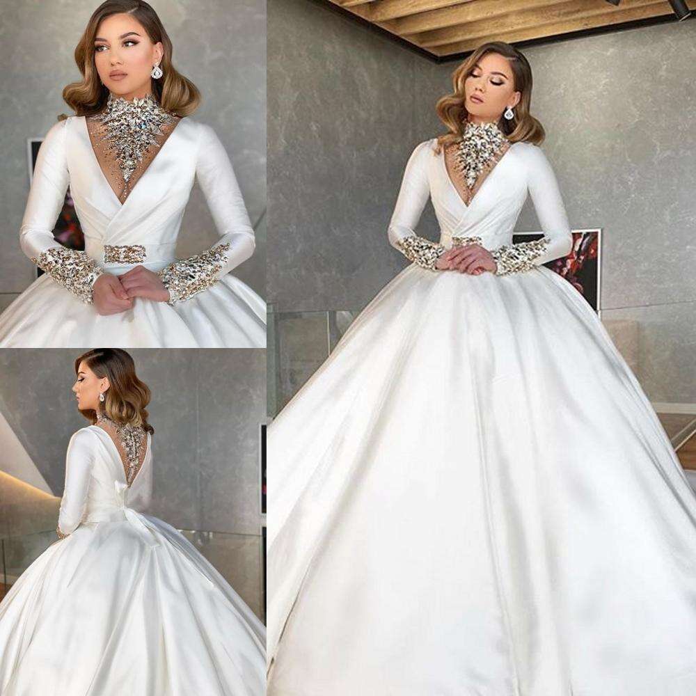 Arabic High Neck Wedding Dresses Crystal Beaded Long Sleeve Country Wedding Dress Custom Made Satin Robes De Mariage