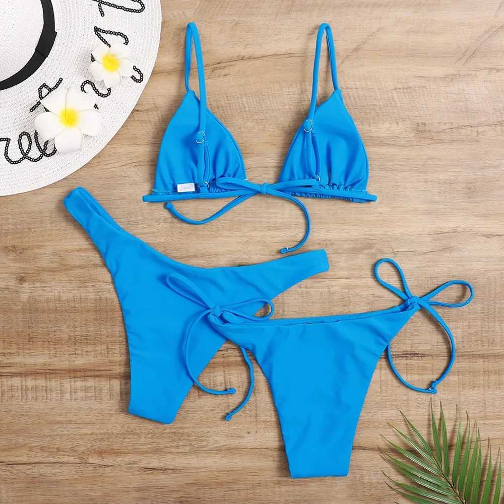 Sexy 3 Piece Bikini Set Women Solid Blue Purp Push Up Bandage Triang Swimsuit Brazilian Beach Bathing Suit Swumwear BiquiniXJ241212