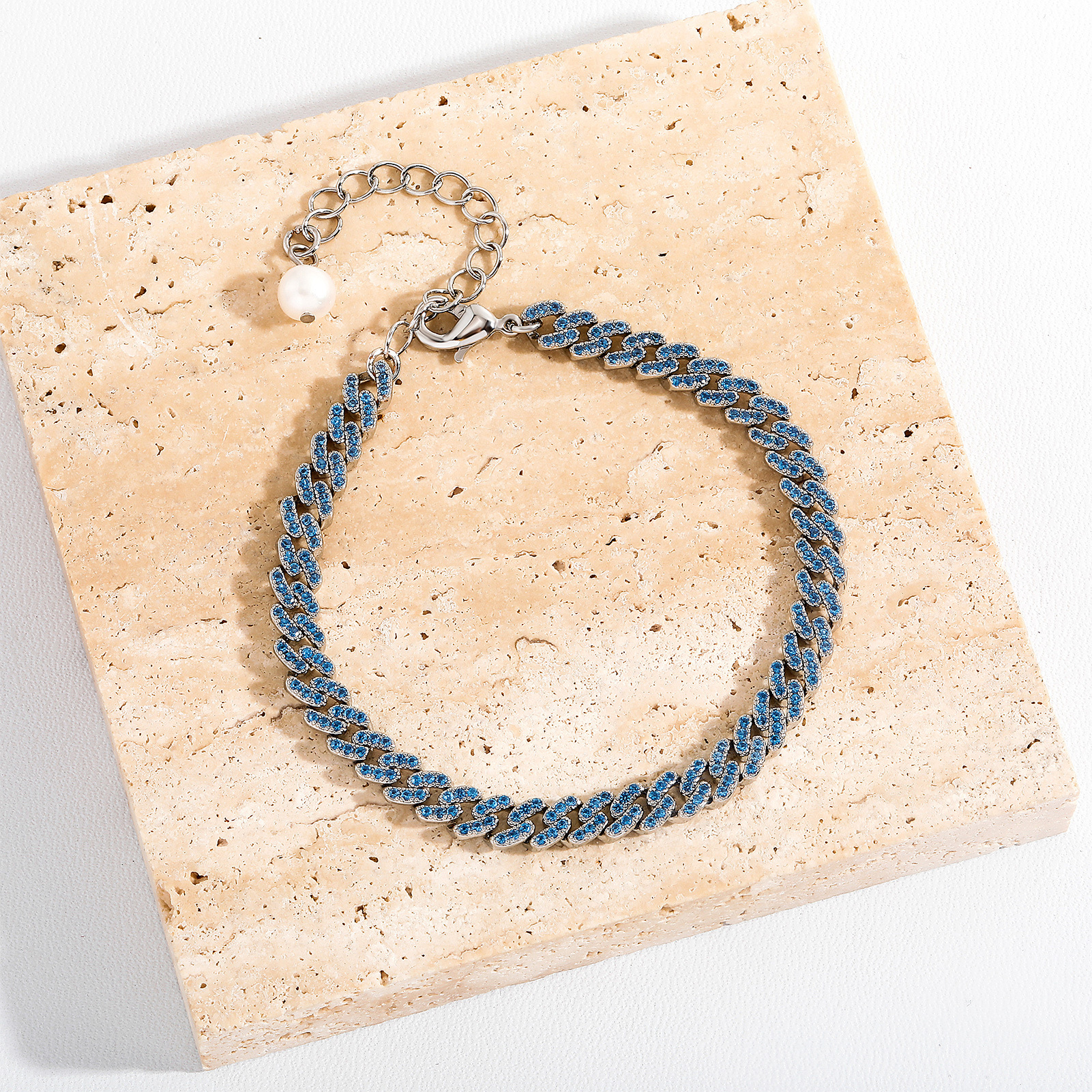 Sparkly Pink Blue 2 Tones Cubic Zirconia Prong Cuban Link Chain Bracelet Punk Hiphop Men And Women Colorful Gemstone Natural Pearl Chains 18k Gold Bij