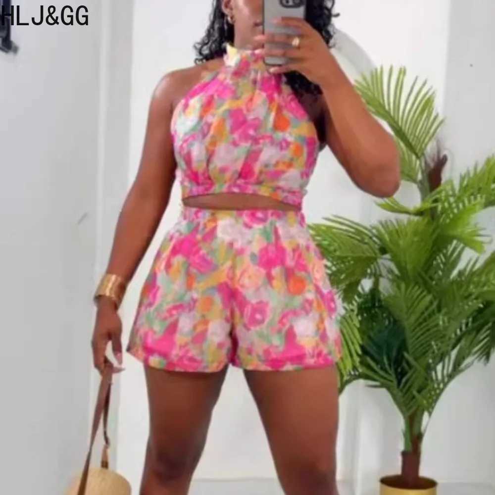Women's Two Piece Pants HLJ GG Fashion Retro Flowers Print Halter Two Piece Sets Women Slveless Slim Crop Top And Shorts Outfits Female Clothing 