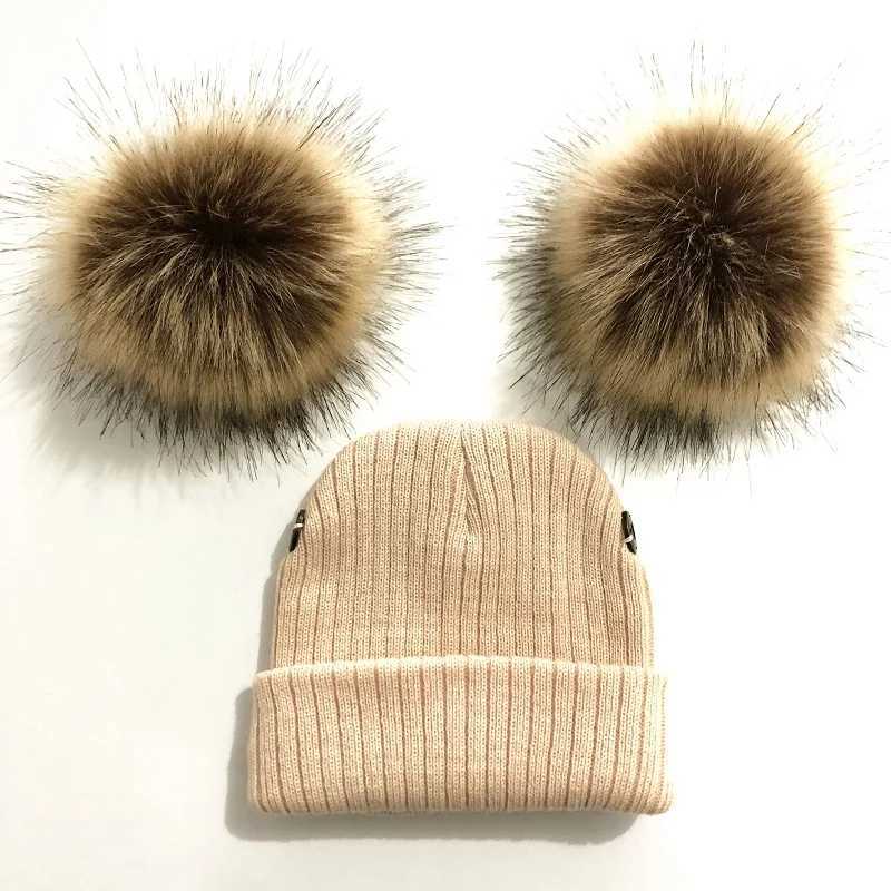Kids Knit Faux Fur Double Pompom Hat Winter Caps For Baby Girl Toddler Children BeanieXJ241213