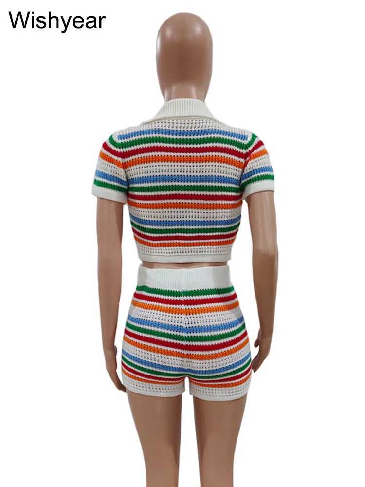 Women's Two Piece Pants year Sexy Beach Rave Club Women Colorful Striped Patchwork Knitted Crop Top and Shorts Crochet Two Piece Set Birthday Out