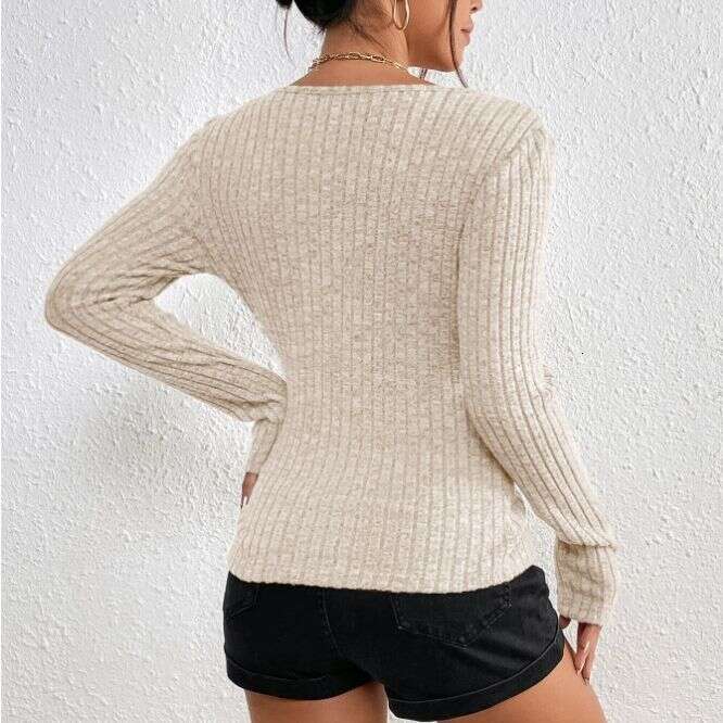 European and American 2023 autumn new women's clothing round neck pit stripe fleece solid color button short patchwork long sleeved t