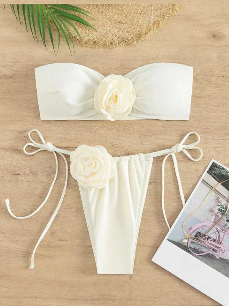 Sexy Floral Bandeau Bikini 2 Piece Set Women Lace Up Split Swimsuit High Waist ss Beach Bikini 2024 New Summer Bikinis SetXJ241212