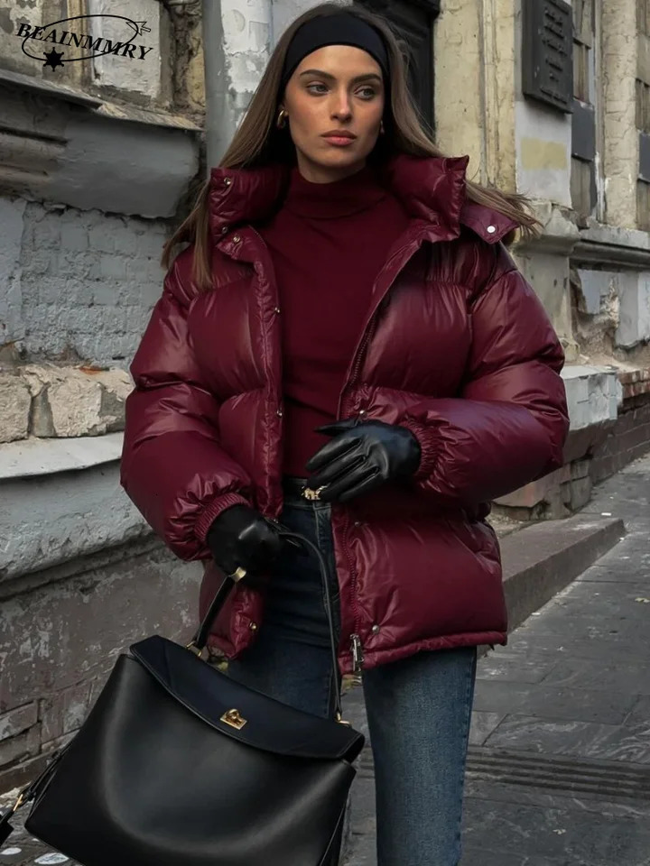 Fashion Burgundy Women Winter Hooded Cotton Jacket Vintage Solid Stand Collar Short Coat 2025 Lady Commute Street Outerwears 241212