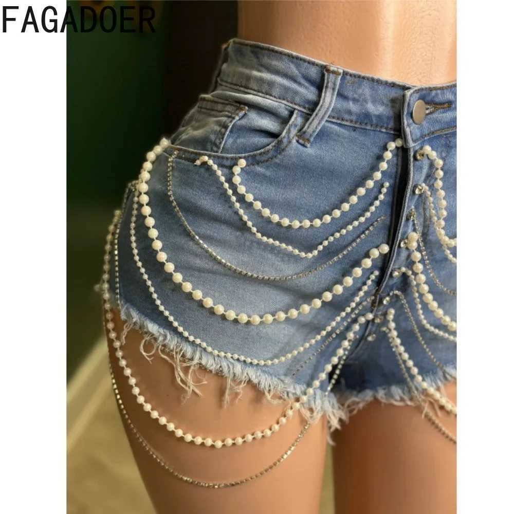 Women's Two Piece Pants FAGADOER Sexy Denim Two Piece Set for Women Spaghetti Strap Pearls Patchwork Crop Top + Shorts Suit Hot Girl Y2k Strtwear