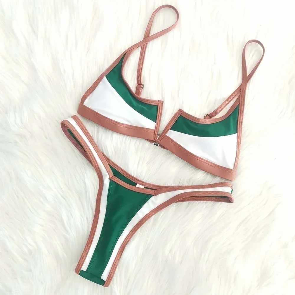 S-XL V-bar Sexy Bikini Thong Brazilian Swimwear Women Cololock Vintage Swimsuit Summer Micro Blue Green Bathing Suit BiquiniXJ241212