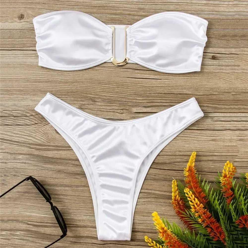 Sexy U Shaped Bandeau Bikinis Set Mujer Strapss Swimwear Women Gold Swimsuit Bathing Suit Biquinis Brazilian Bikini Swim 2024XJ241212