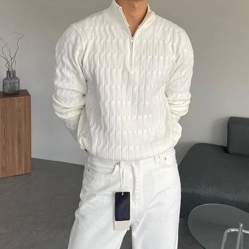 Autumn Clothing Mens Knitted Jacquard Zipper Pullover Sweater Premium Vintage Solid Color Stand Collar Long Sleeve y M3XL 241213