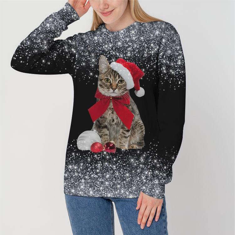 Foreign Trade Women's Cat Christmas Hat Printed Hoodie Trendy Clothing Fashionable Casual Temperament