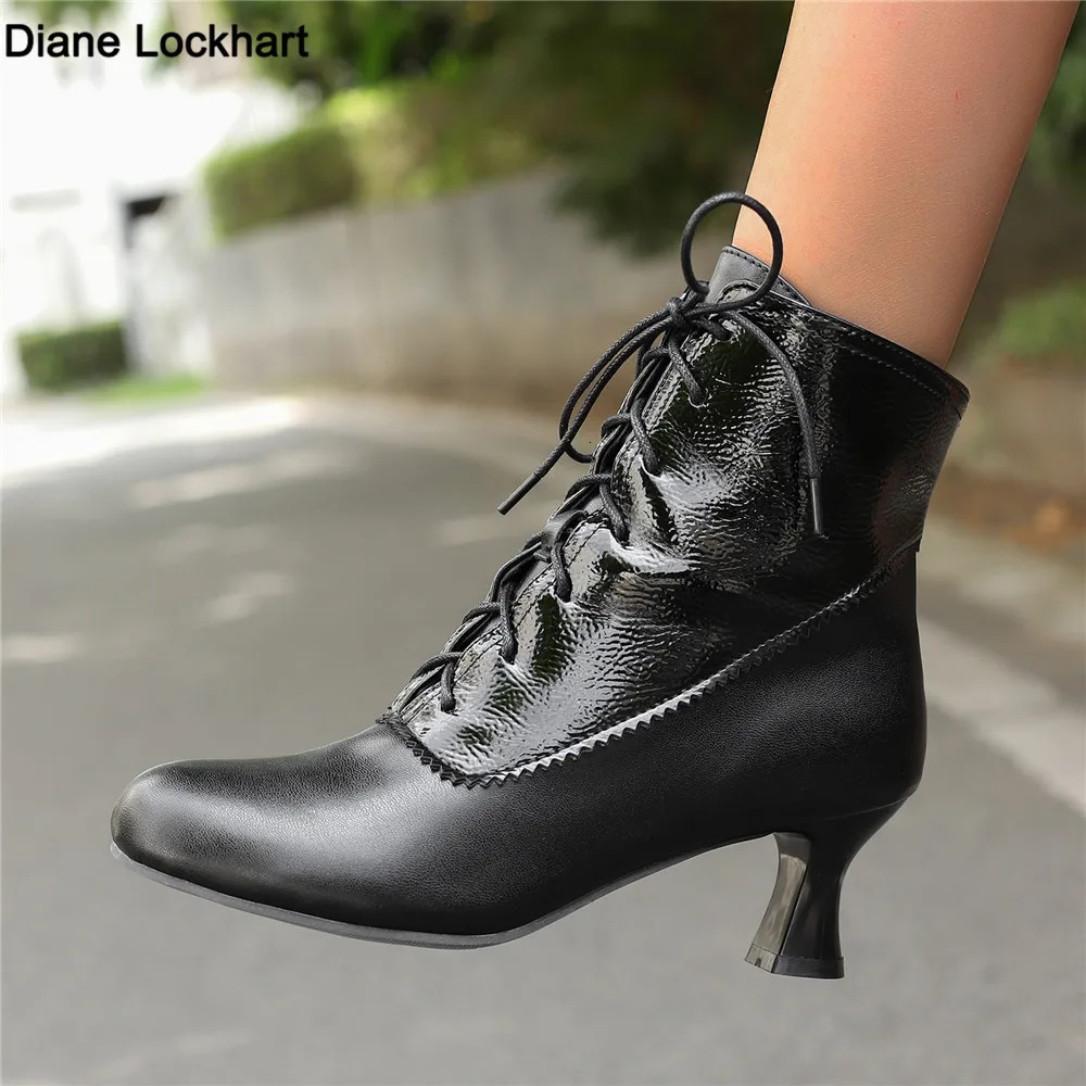 2024 Autumn Lace Womens High Heels Strange Steampunk Boots Victoria Ankle Boots Womens Round Toe Side Zipper Short Boots 241213