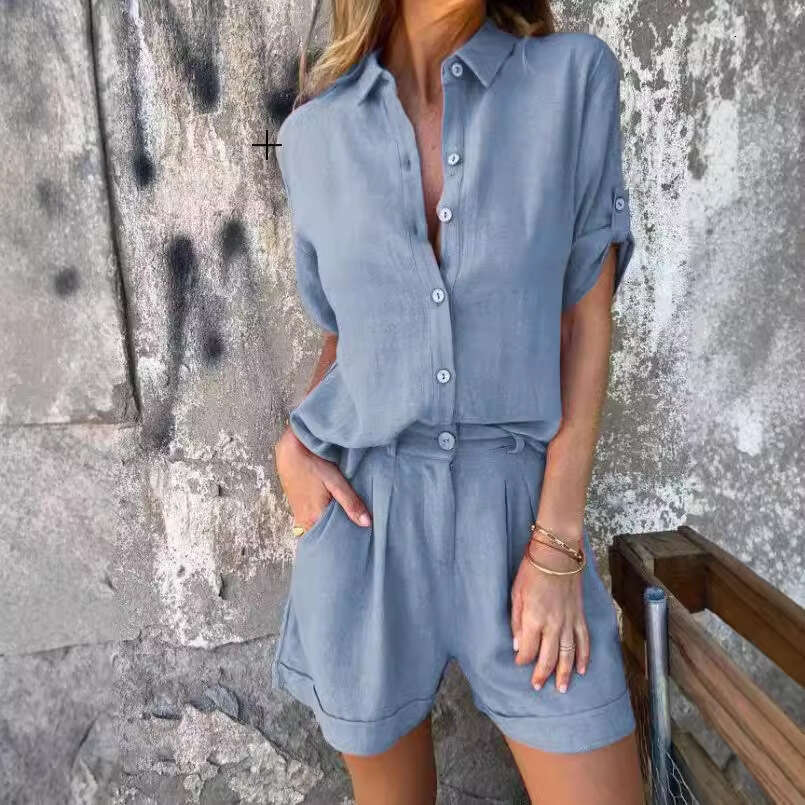 European And American New Casual Fashion Solid Color Short Sleeved Lapel Multi Button Top Slim Fit Shorts Two-Piece Set Fashionable Quality Classic