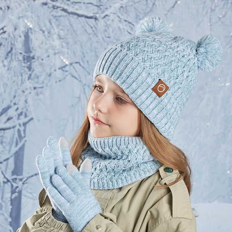 3Pcs Winter Kids Hat Set for Girls Boys Warm Knitted Children Beanie Scarf Gloves Fleece Lining Pompom Children Cap 4-10YXJ241213
