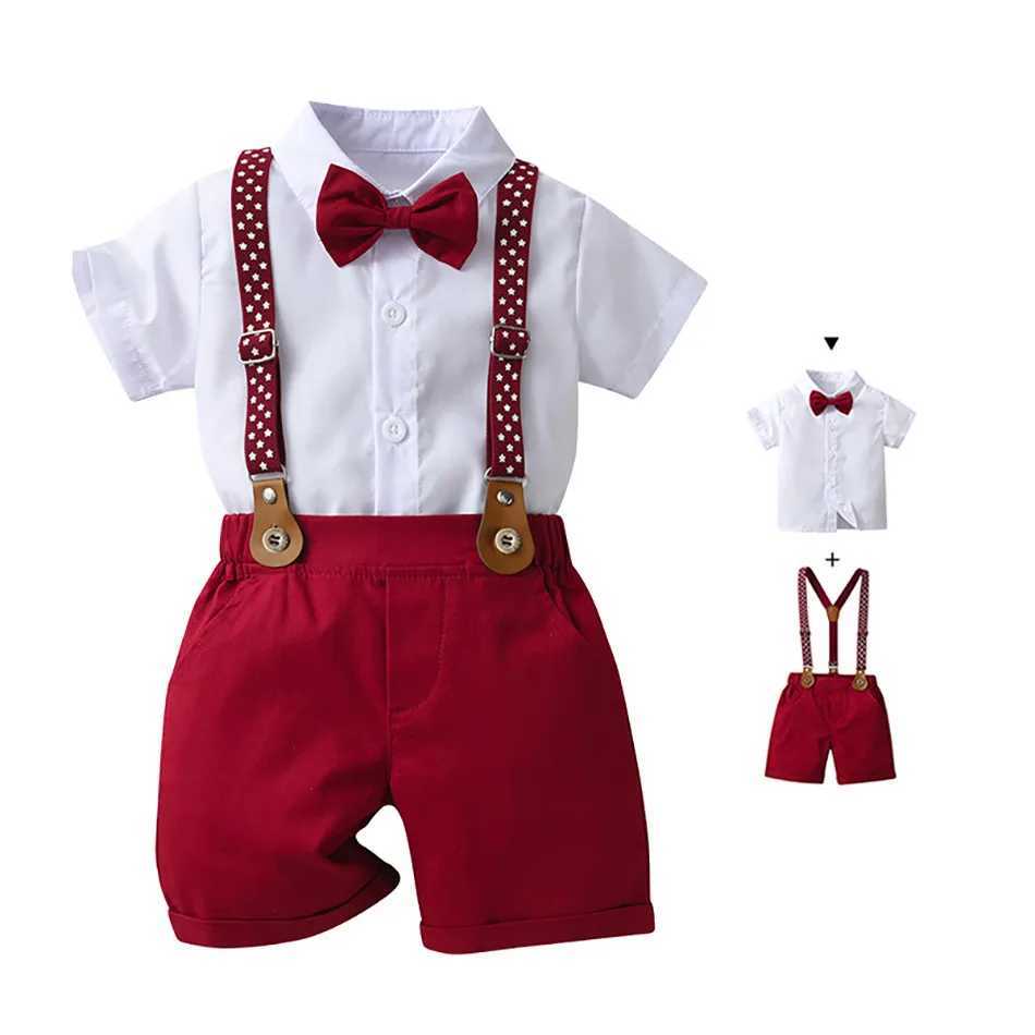 Childrens mens formal shirt bow with red pendant short sleeved party performance set childrens summer gentleman set W241213