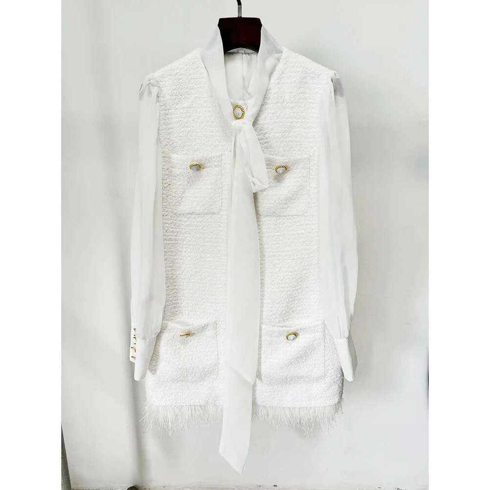 Skirt Set HIGH QUALITY Newest FW Designer Fashion Women's Long Sleeve Feather Chiffon Bow Patchwork Tweed Dress