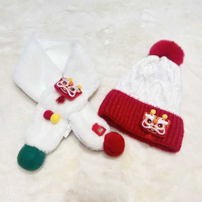 Scarves Wraps Baby Knitted Hat Scarf Set Autumn Winter Chinese Lion Cap For Girls Boys Cute Cartoon Christmas Scarf Baby One Year Old Gifts H241213