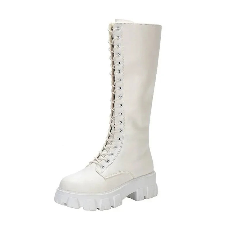 Womens mid calf boots cushioned shoes knees winter sports shoes punk style military casual white black Lucury platform women 241213