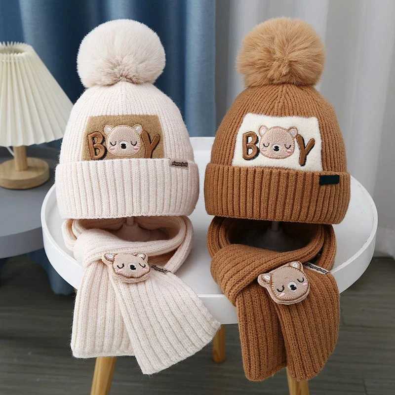 Winter Children Scarf Beanie Set 1-6year Baby Thick Woolen Knitted Hat Cute Kids Ear Protection Cap Toddler NeckerchiefsXJ241213