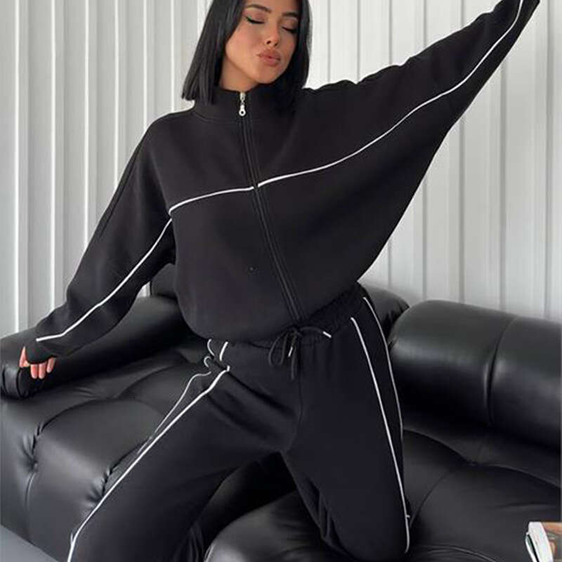 New Suit Sleeved Semi High Neck Cardigan Sweatshirt With Tie Up Stripes Long Pants Trendy Clothing Fashionable Casual Temperament