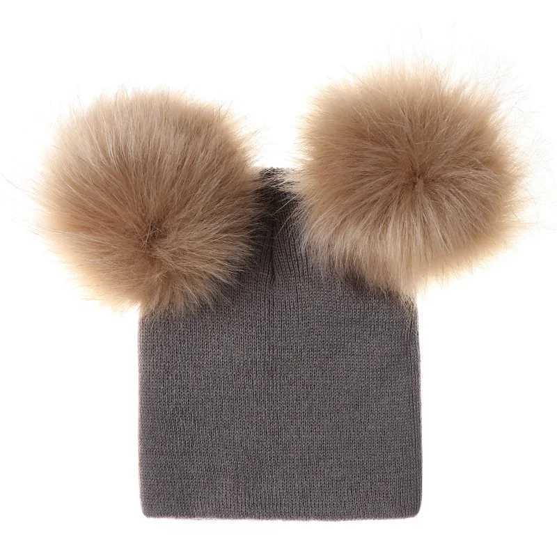 Baby Winter Warm Wool Knitted Beanie Hats Caps Kids Two Fur Pom pom Bobble Ball Beanies Girls Boys Children Hat Cotton Soft CapXJ241213