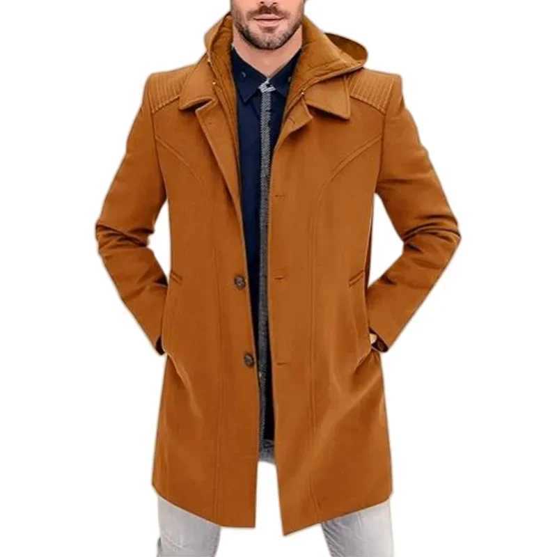 2024 New Woolen Mens Coat Autumn and Winter European and American Fake Two Piece Warm Windproof Coat Hoodie Man ClothingXJ241212