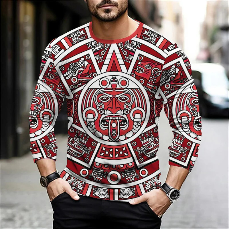 2024 Mexico Aztec Graphic T Shirts For Men Vintage 3d Printed Long Sleeve Tees Street Hip Hop Oversized TShirt Mens Clothing 241213