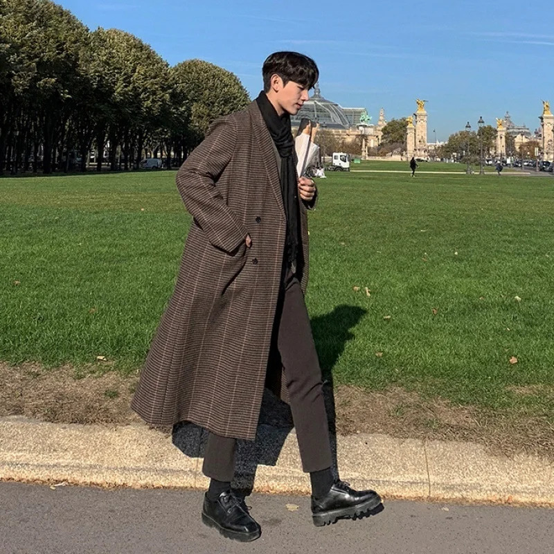 Vintage Mens Plaid Woolen Cloth Coat Autumn Winter Long Sleeve Doublebreasted Thickned Loose Lapel Overcoat 1533 241213