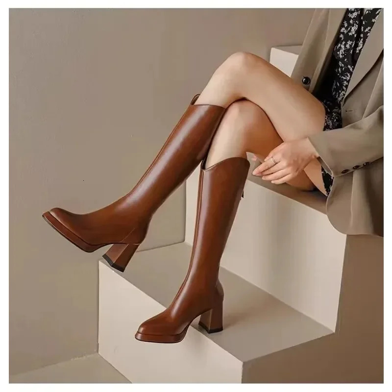 2024 Women Boots Zipper Thick High Heels Simple Thick High Heels Autumn Winter Boots Knee High Boots Plus Size 35-43 241213