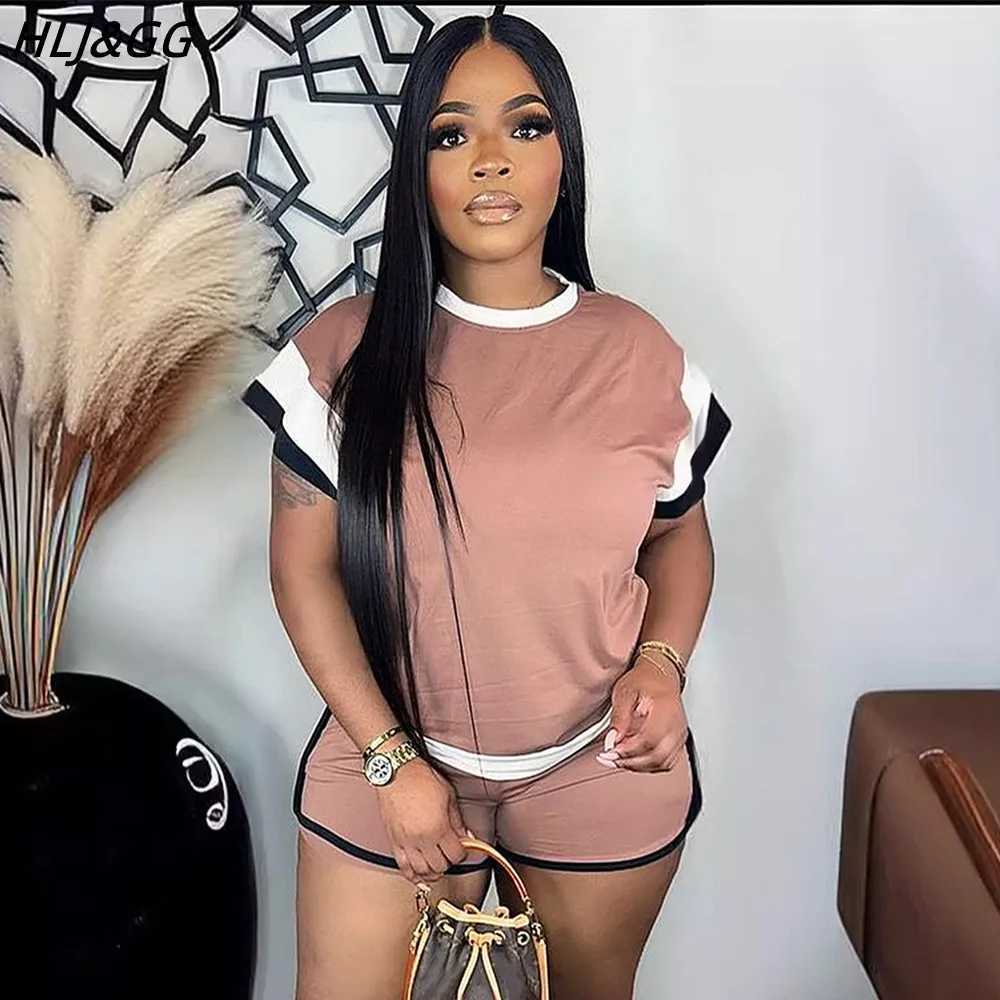 Women's Two Piece Pants HLJ GG Fashion Color Splicing Shorts Two Piece Sets Women O Neck Tshirts And Shorts Tracksuits Casual Female Sporty 2pcs 