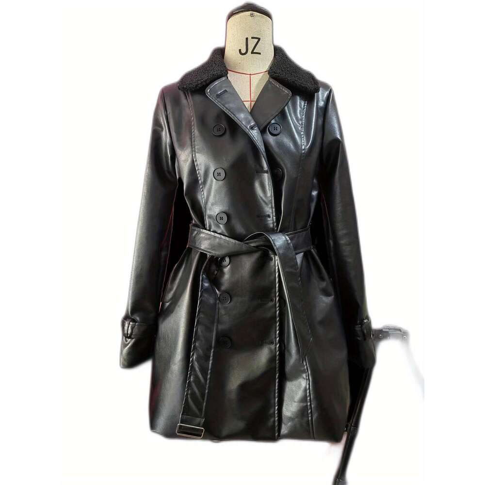 British Women's Fur Collar Medium To Long, Motorcycle Thick Leather Slim Fit Jacket, Fashionable Quality, Classic